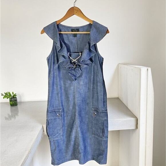 Lauren Ralph Lauren Chambray Denim Dress Size 14 Ruffle Lace Up Knee Length - Picture 4 of 10